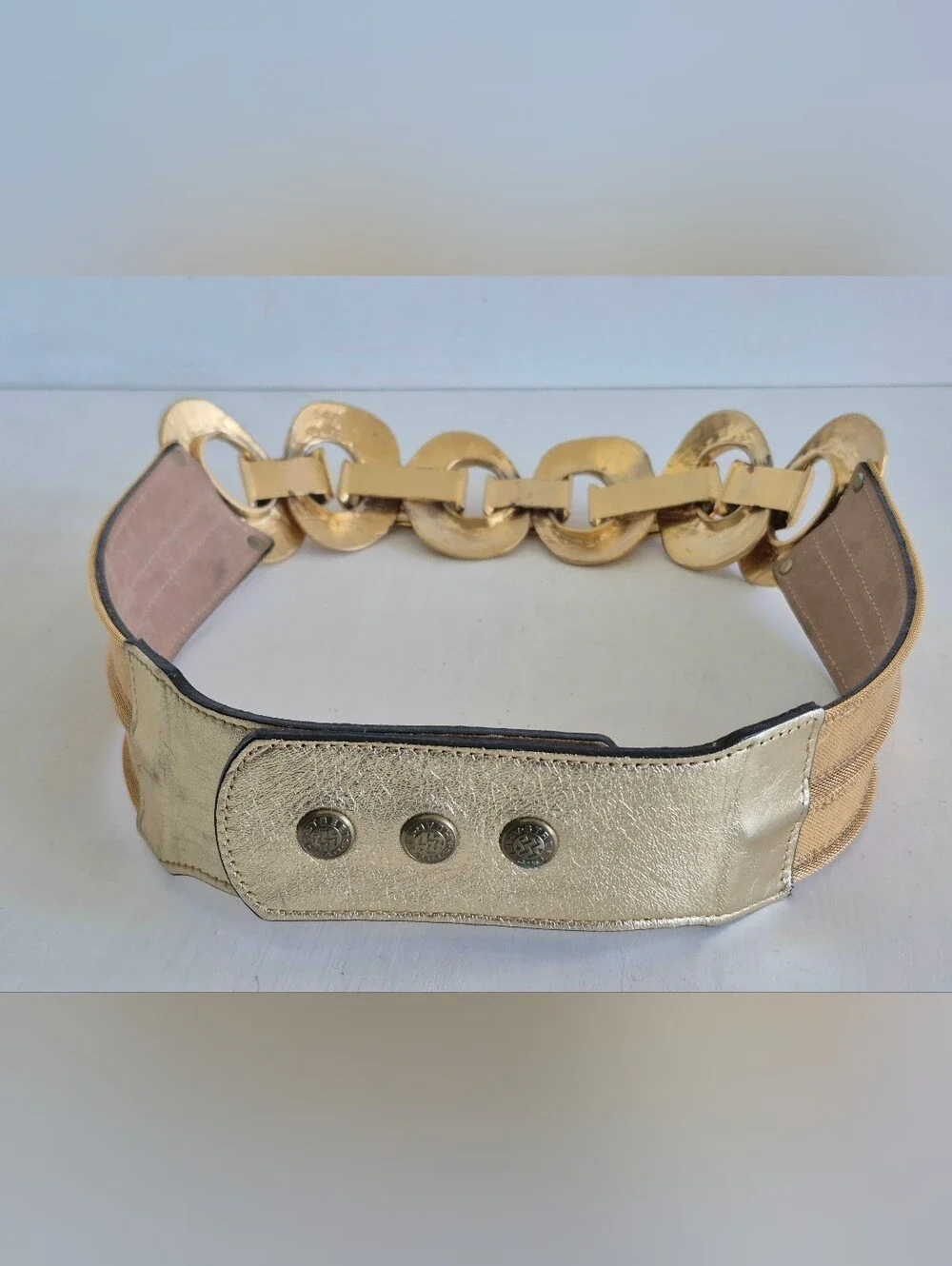 Streets Ahead LaBelle Metallic Gold Hammered Chain Links & Leather Waist Belt